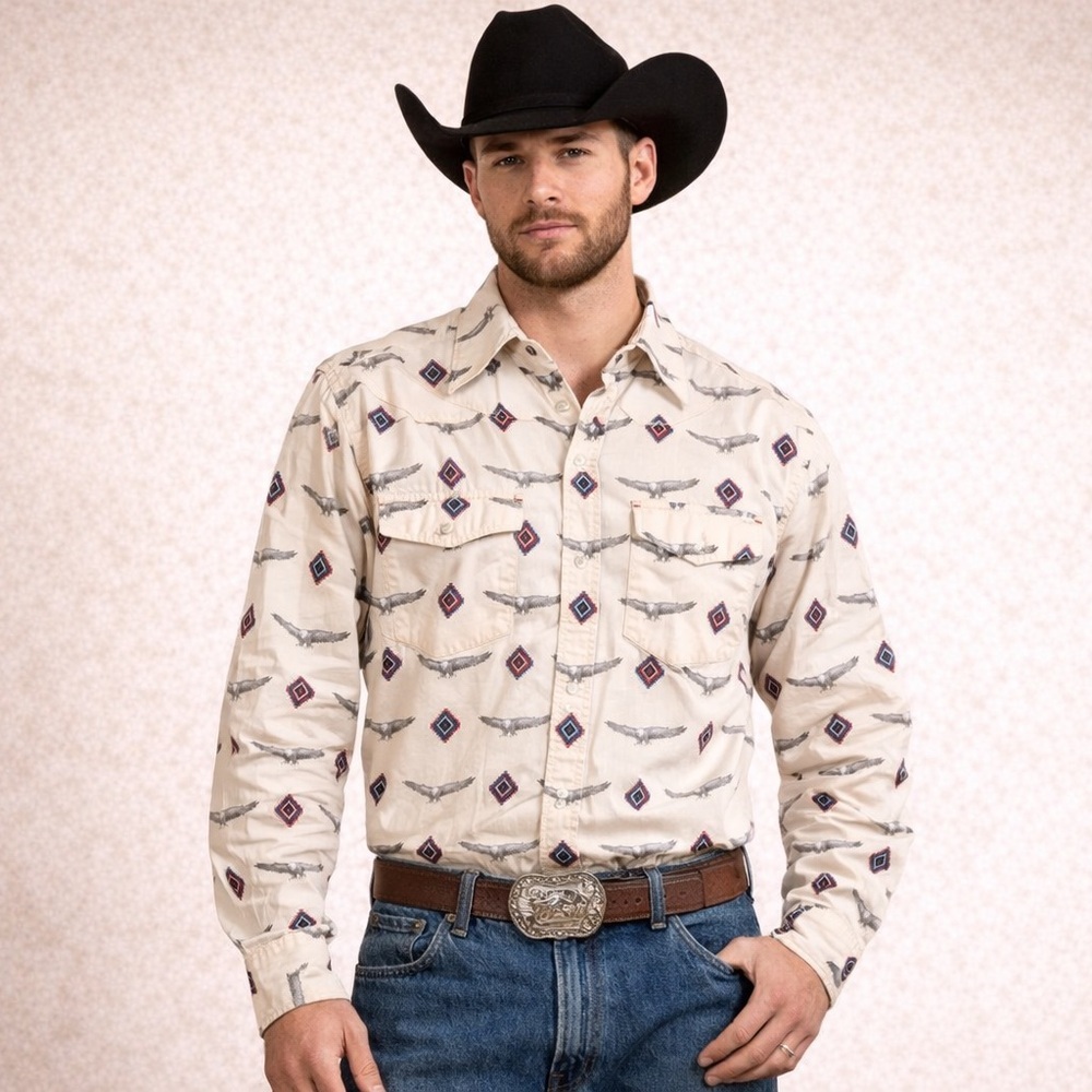Vintage Wrangler Pearl Snap Eagle Print Western Shirt Size L   Cowboy Rodeo Top